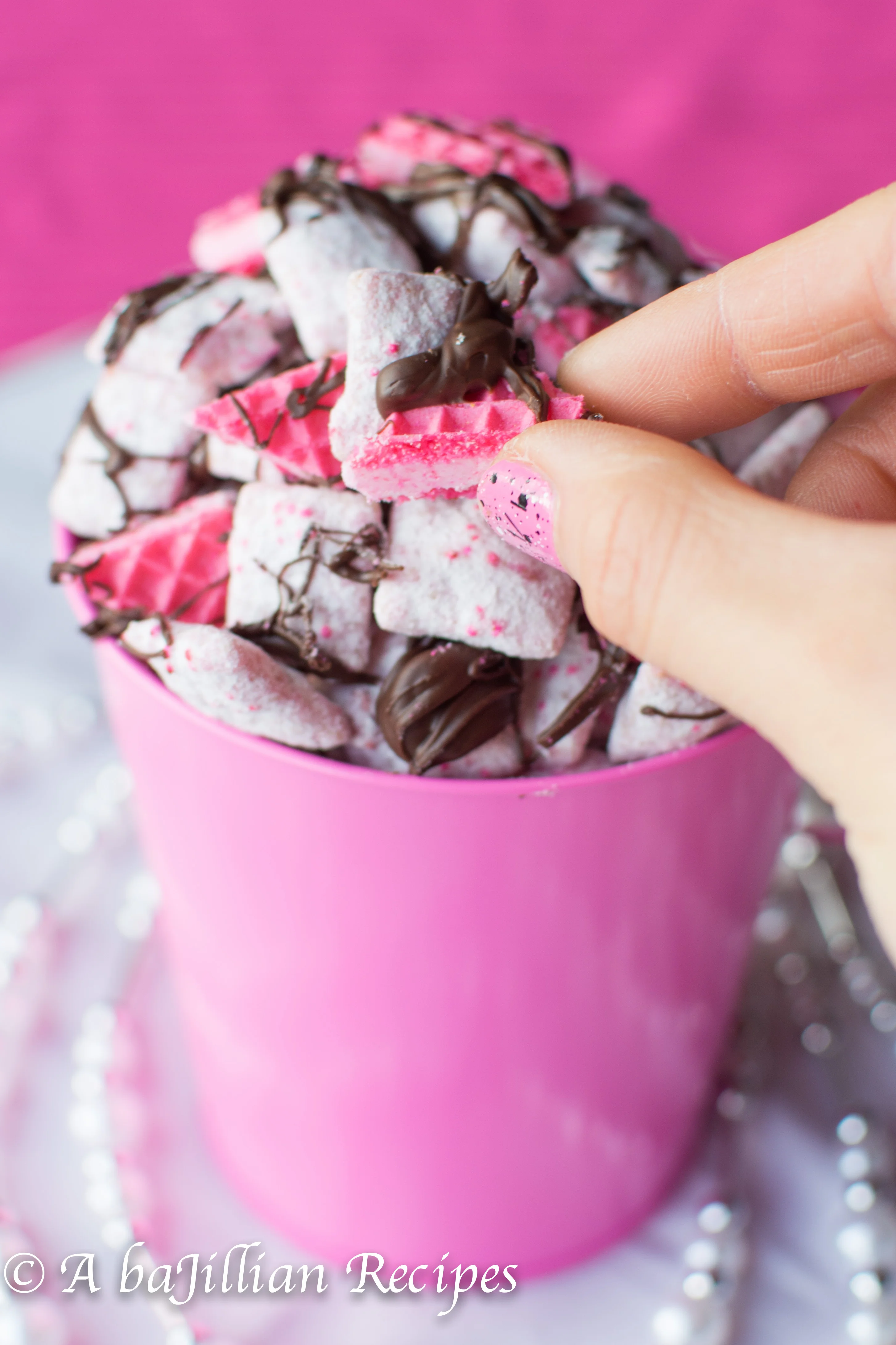 Chocolate Covered Strawberry Puppy Chow | A baJillian Recipes