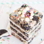 These soft and buttery Funfetti Cookies n' Creme Blondies are loaded with Birthday Cake Oreos, white chocolate chips, and sprinkles!