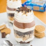 Layers of fluffy toasted marshmallow mousse, crushed S'mOreos, rich chocolate pudding, fudgy brownies and a finale of roasted mini marshmallows!