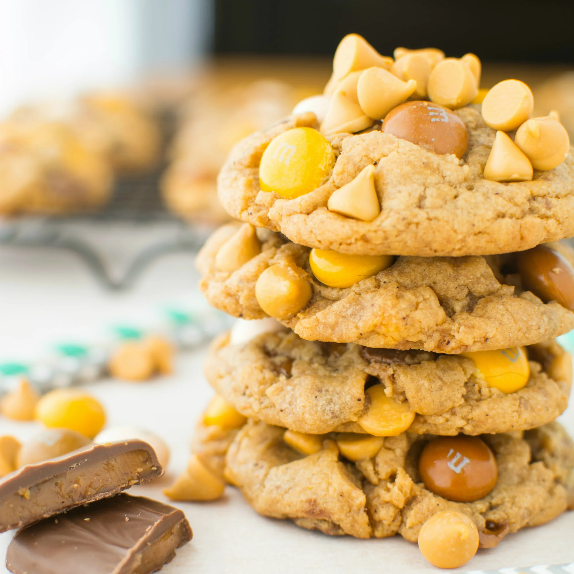 There's triple the butterscotch in these soft, brown buttery cookies stuffed with toffee, butterscotch chips, and butterscotch M&M's!