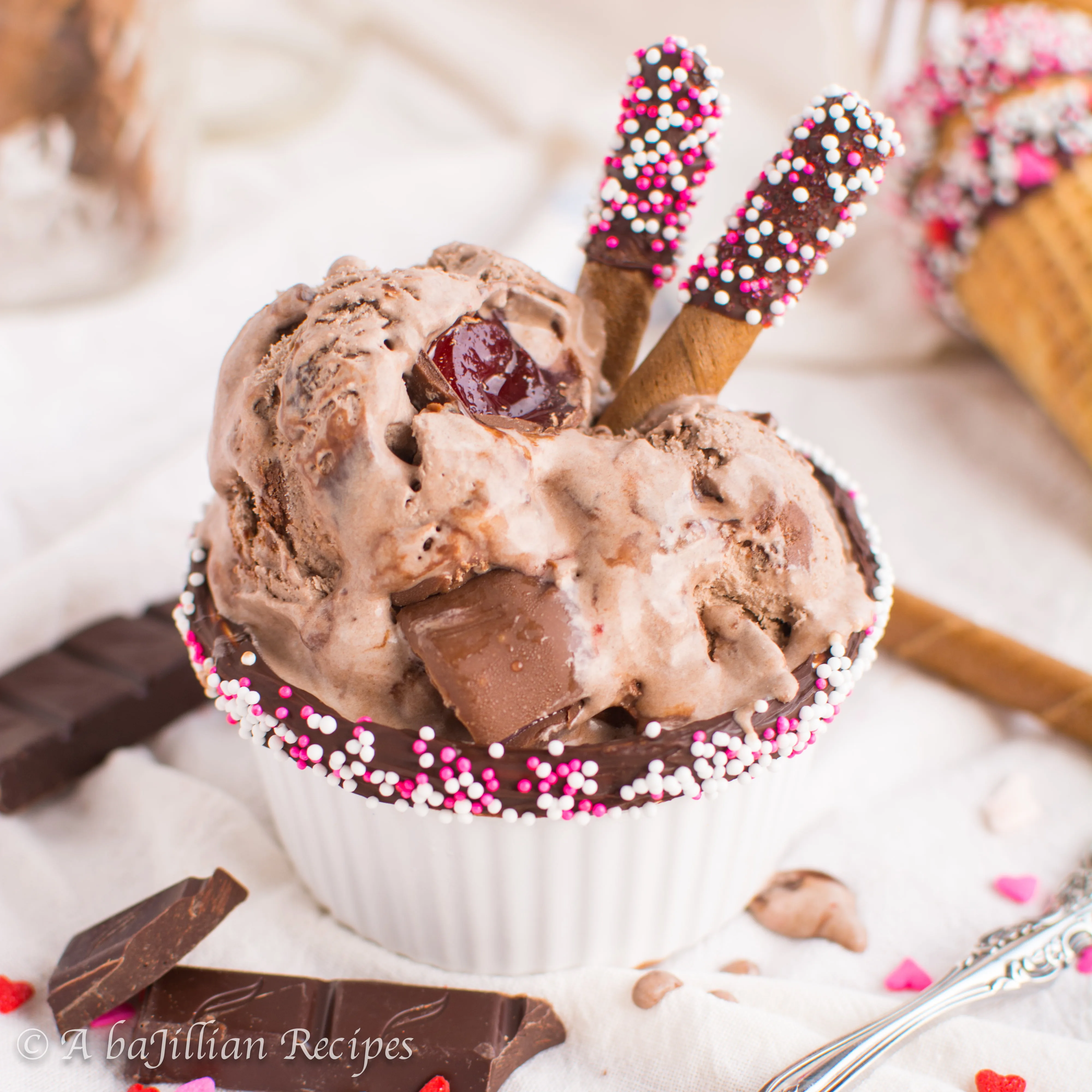 The creamiest chocolate ice cream swirled with dark chocolate and brimming with milk chocolate-covered cherry cordials!