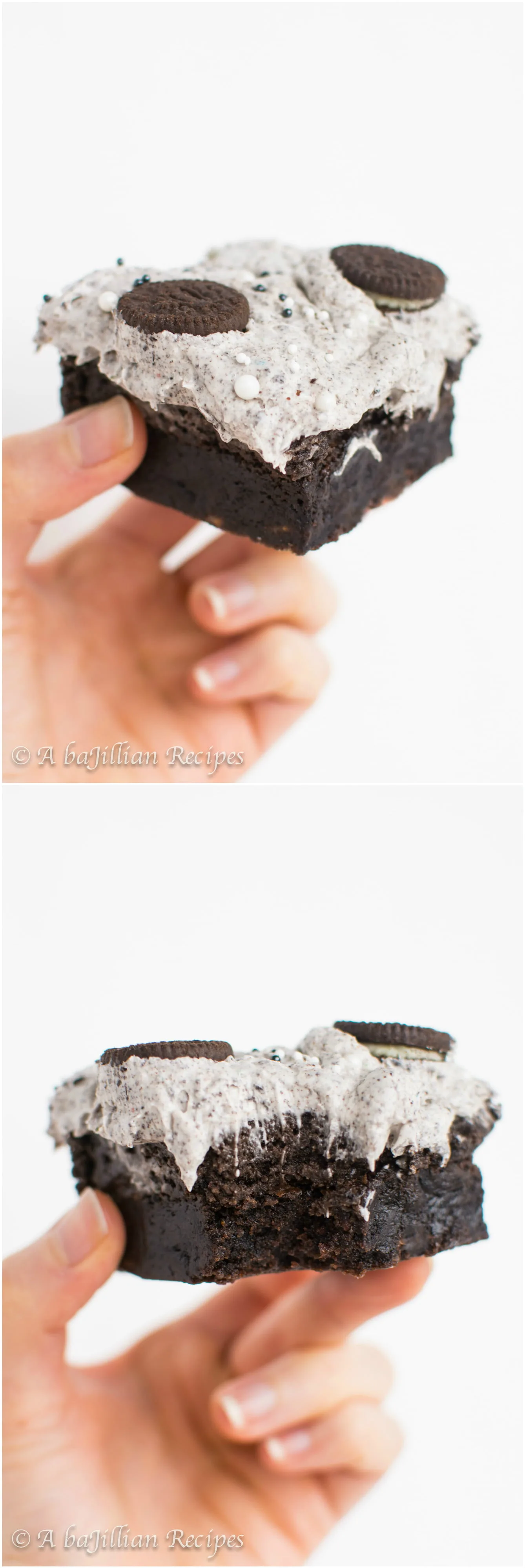 Thick and fudgy brownies, Oreo truffle filling, and fluffy Oreo frosting! THREE layers of Oreo deliciousness in one bite!