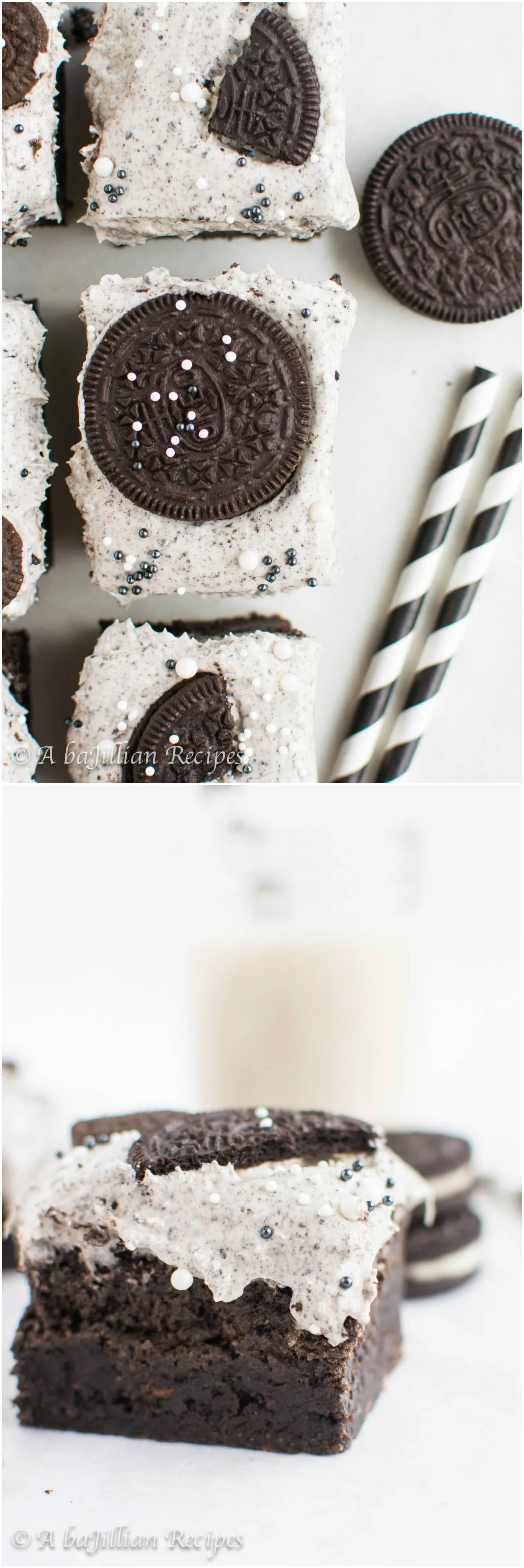 Thick and fudgy brownies, Oreo truffle filling, and fluffy Oreo frosting! THREE layers of Oreo deliciousness in one bite!