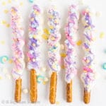 Crunchy pretzel sticks wrapped in caramel, coated in white chocolate, and showered in sprinkles! Just 5 easy ingredients!