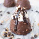 Chocolate Heath toffee-covered brownie domes filled with vanilla ice cream and a surprise center of Nutella!