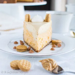 Light and creamy butterscotch cheesecake in a Nutter Butter cookie crust, topped with a smooth peanut buttery mousse!