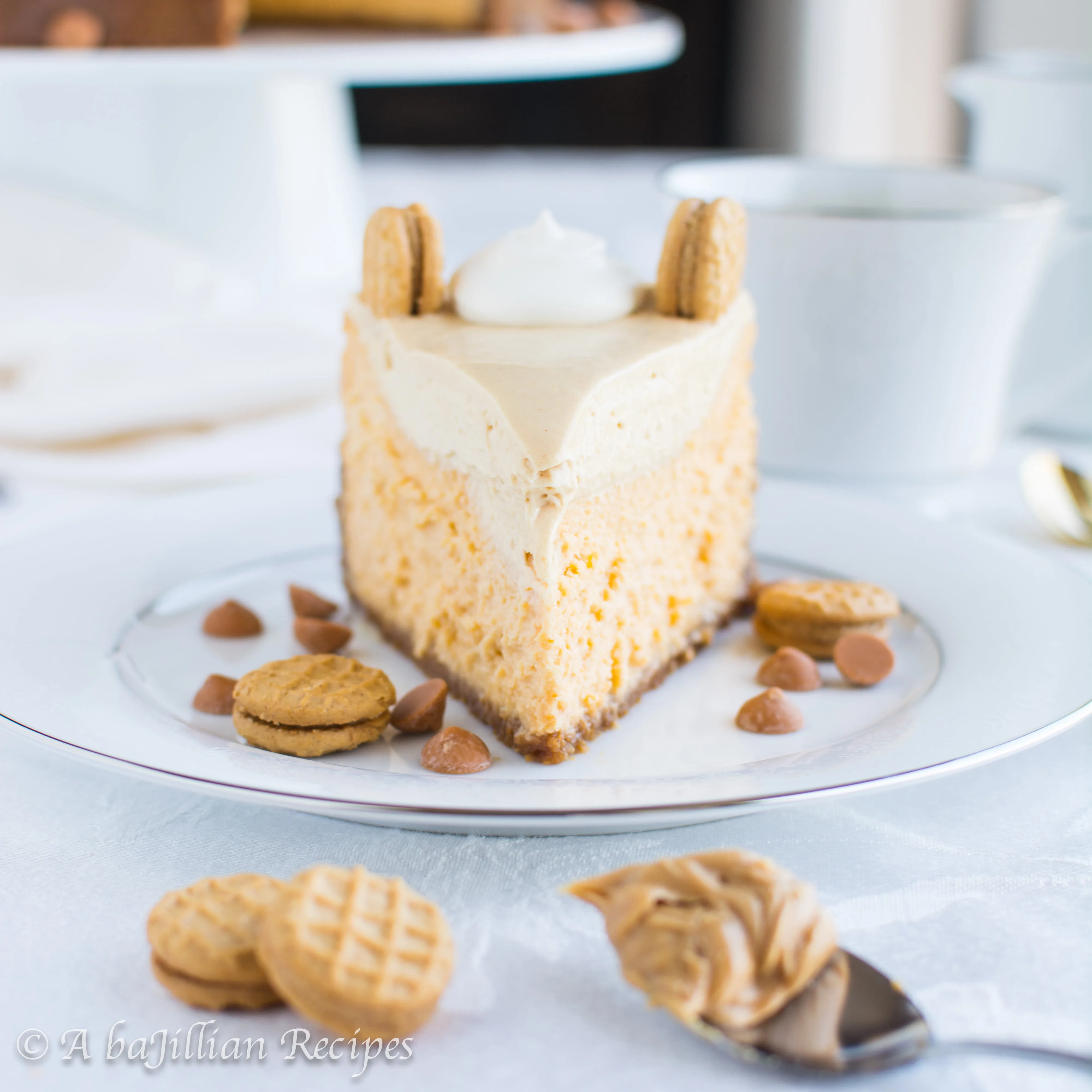 Light and creamy butterscotch cheesecake in a Nutter Butter cookie crust, topped with a smooth peanut buttery mousse!