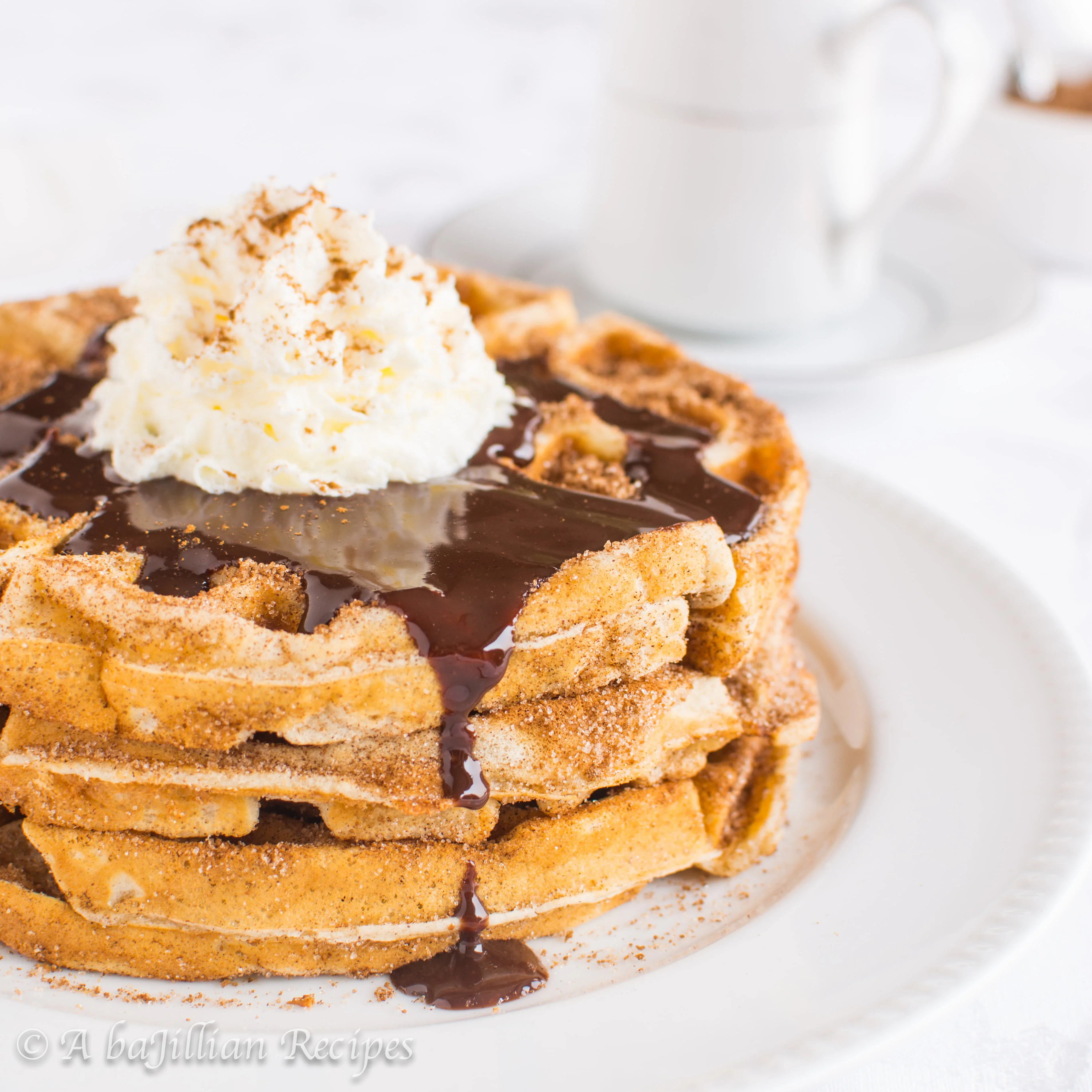 Cinnamon sugar-coated waffles drizzled in a sweet and spicy Mexican chocolate sauce!