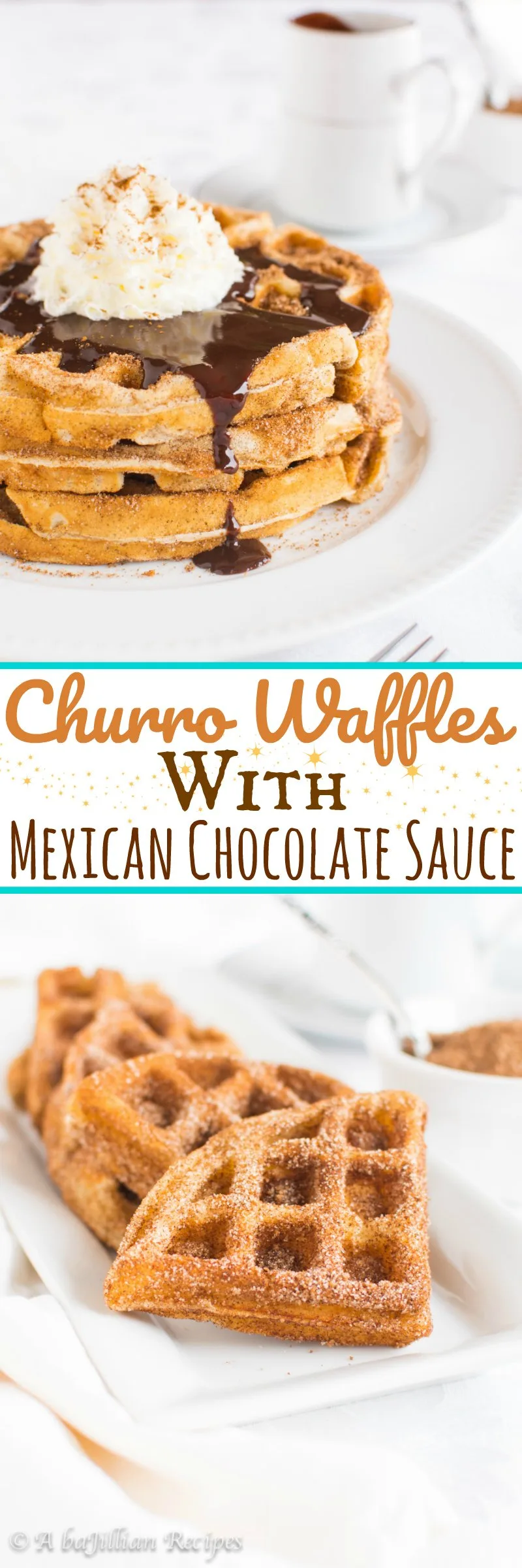 Cinnamon sugar-coated waffles drizzled in a sweet and spicy Mexican chocolate sauce!