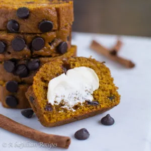 Incredibly moist and flavorful pumpkin bread loaded with chocolate chips! Great Harvest Bread Company ain't got nuttin' on this bread!