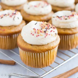 The BEST sweet potato cupcakes topped with a cloud of fluffy brown butter maple buttercream!