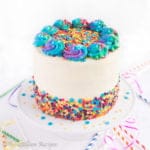 Soft and tender vanilla cake brimming with rainbow sprinkles, filled with rainbow chip cheesecake mousse and frosted in creamy vanilla buttercream! A childhood favorite made from scratch!