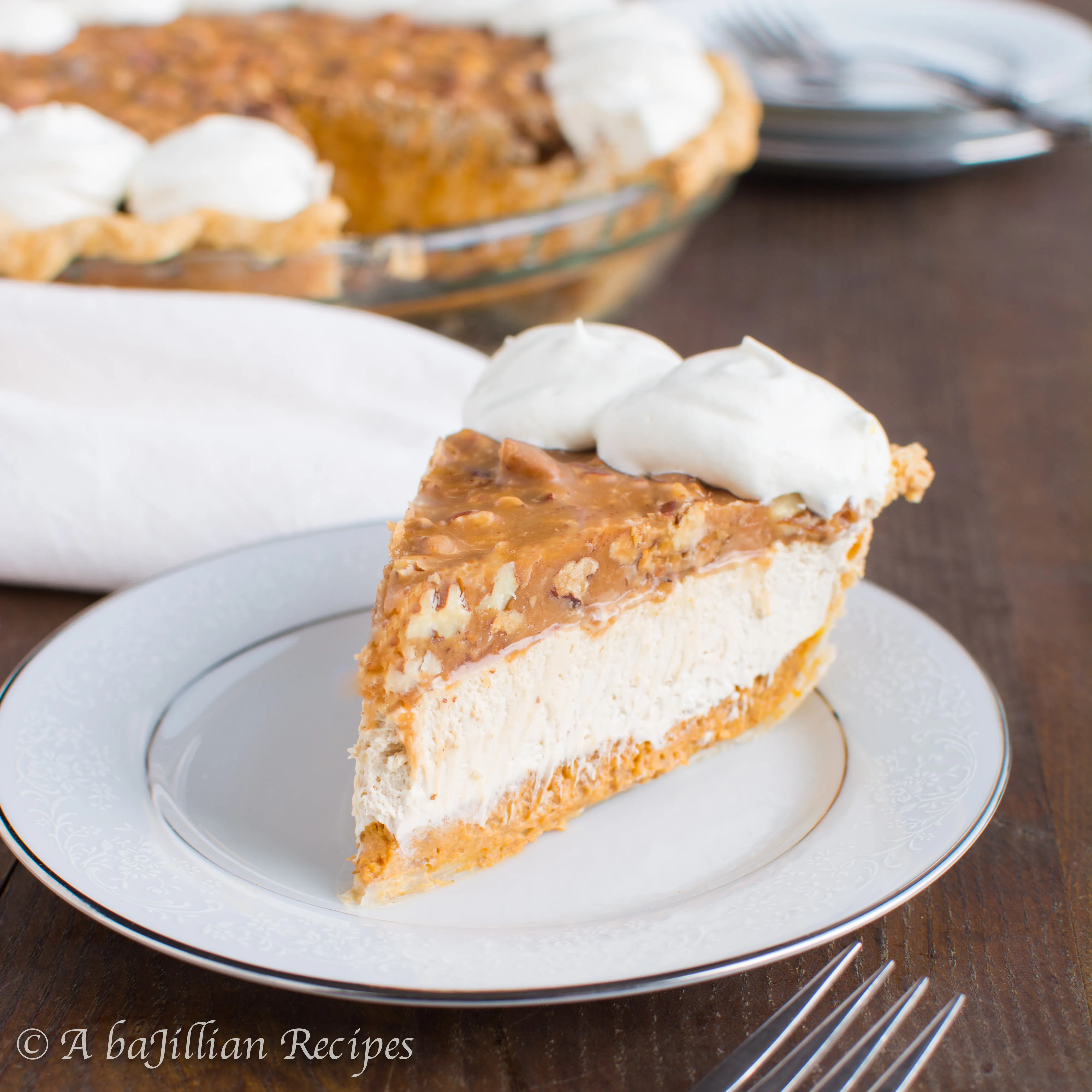 Pumpkin pie, cheesecake, and pecan pie--three of my favorite desserts in one!