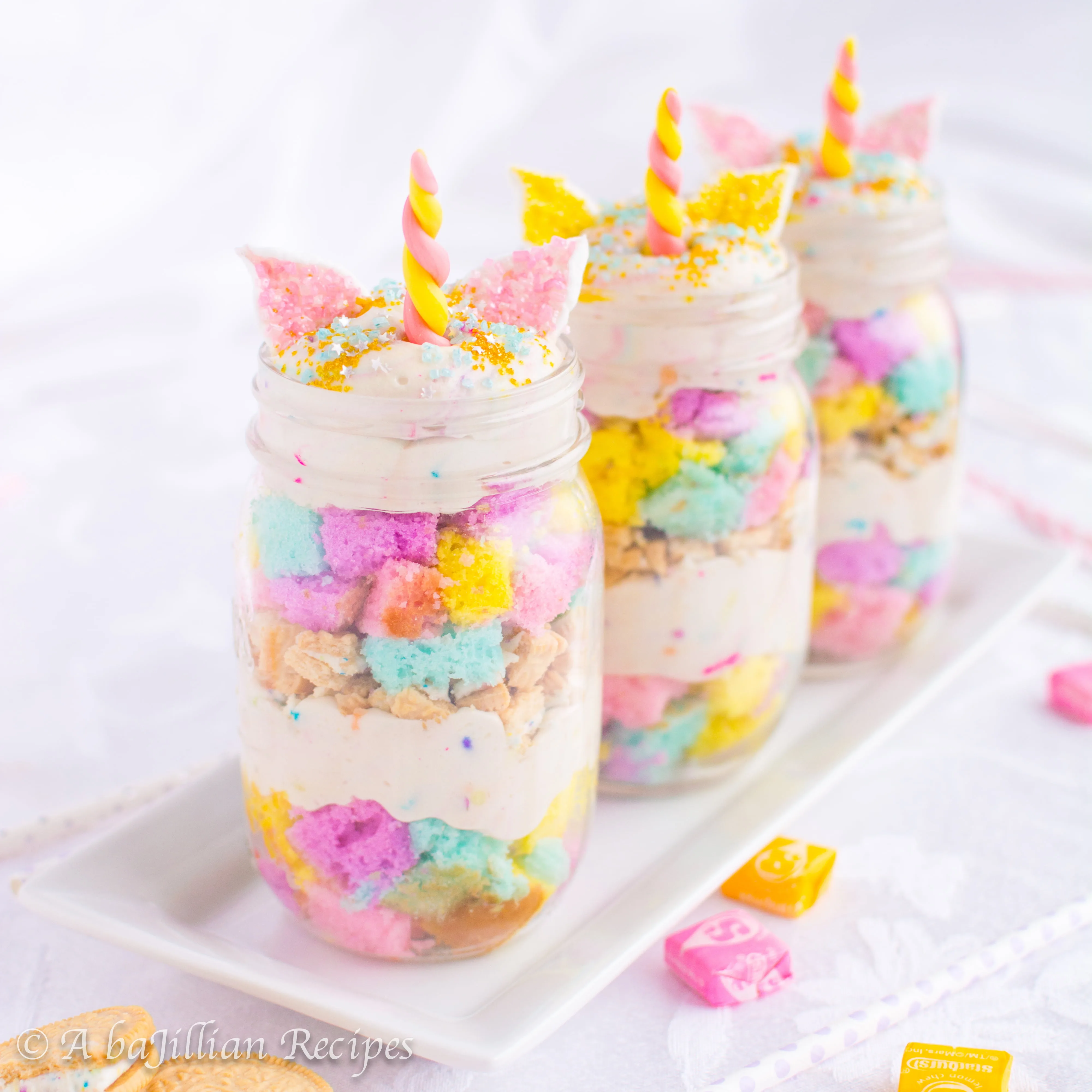 Fluffy cubes of colorful cake, sprinklelicious Funfetti mousse, and crushed Golden Birthday Cake Oreos! Probably the most magical trifle ever!