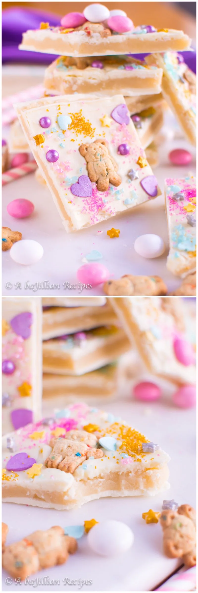 Sweet sugar cookie dough sandwiched between layers of rich white chocolate and "prettified" with sprinkles, Teddy Grahams, and M&Ms!