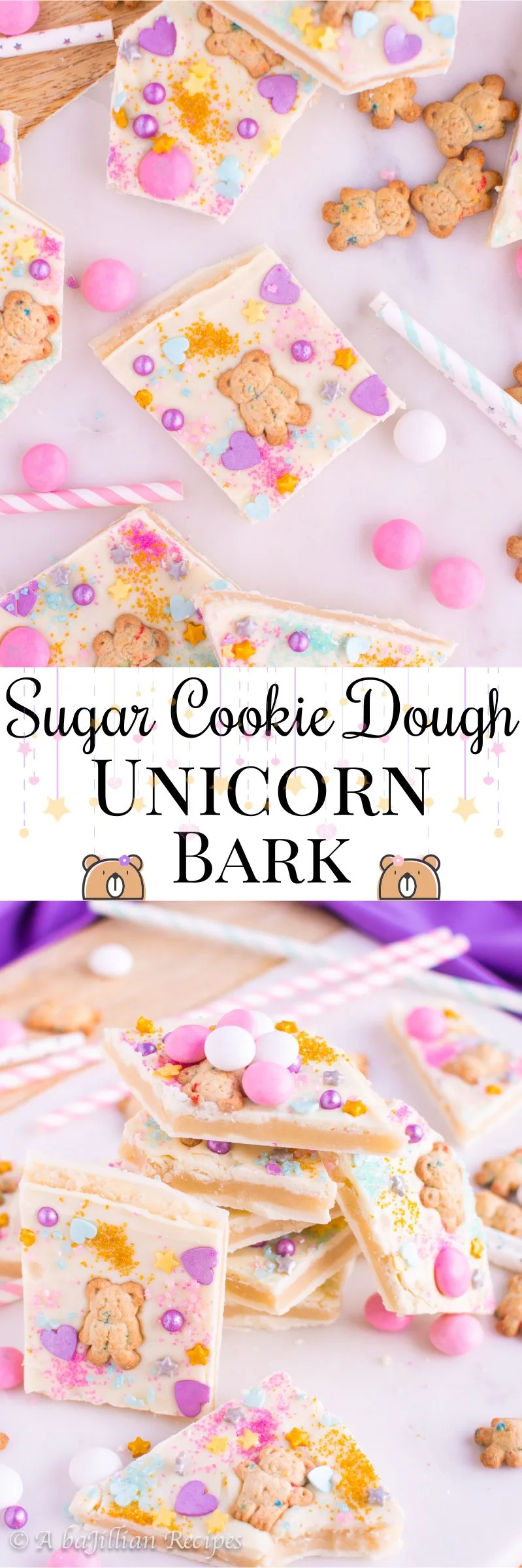 Sweet sugar cookie dough sandwiched between layers of rich white chocolate and "prettified" with sprinkles, Teddy Grahams, and M&Ms!