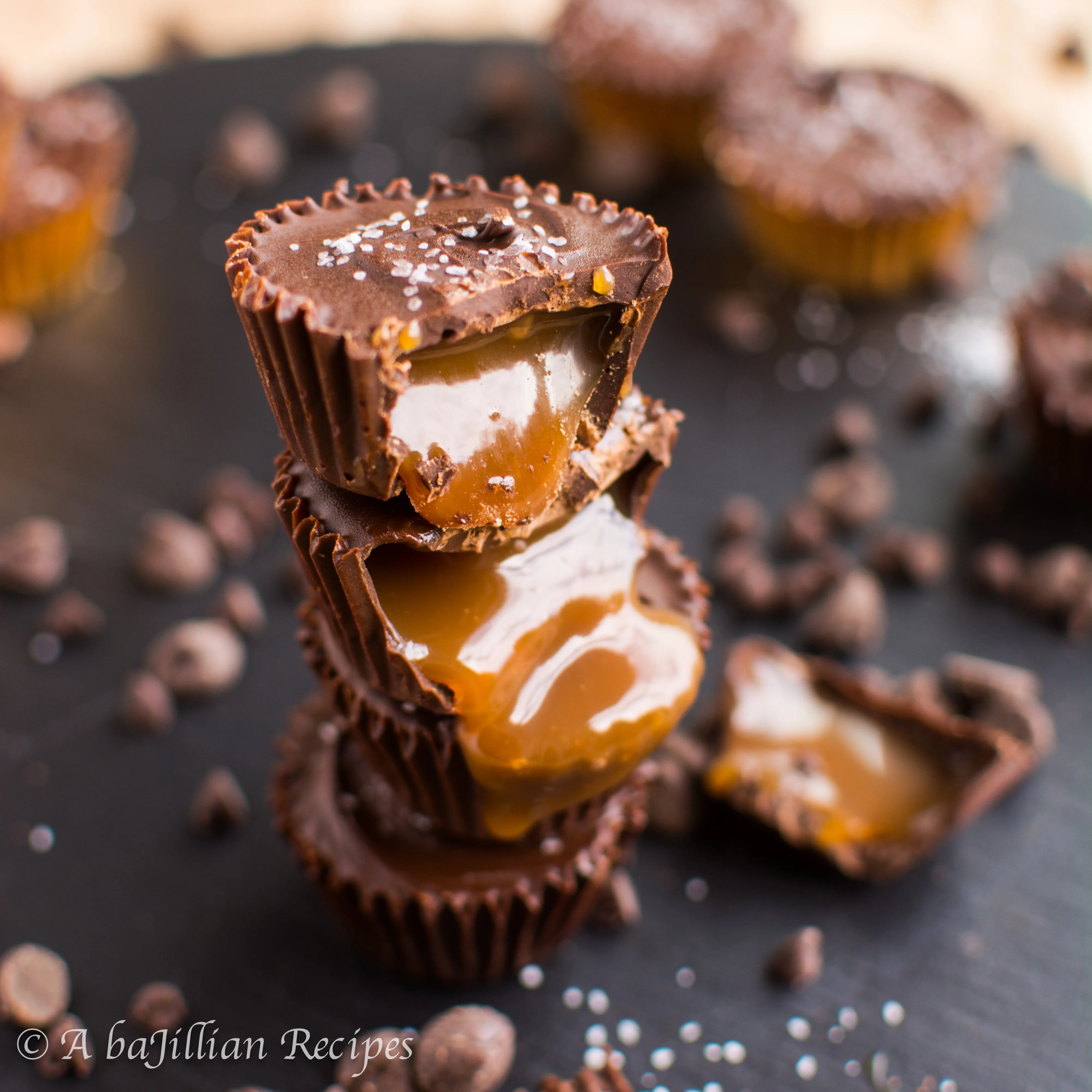 Homemade salted caramel encased in a rich shell of dark chocolate, then finished off with a sprinkle of salt to bring out that extra sweetness! Gluten-free!