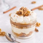 Cubes of fluffy carrot cake layered with rich caramel sauce and a creamy eggnog filling!