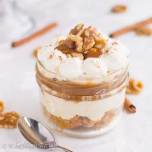 Cubes of fluffy carrot cake layered with rich caramel sauce and a creamy eggnog filling!