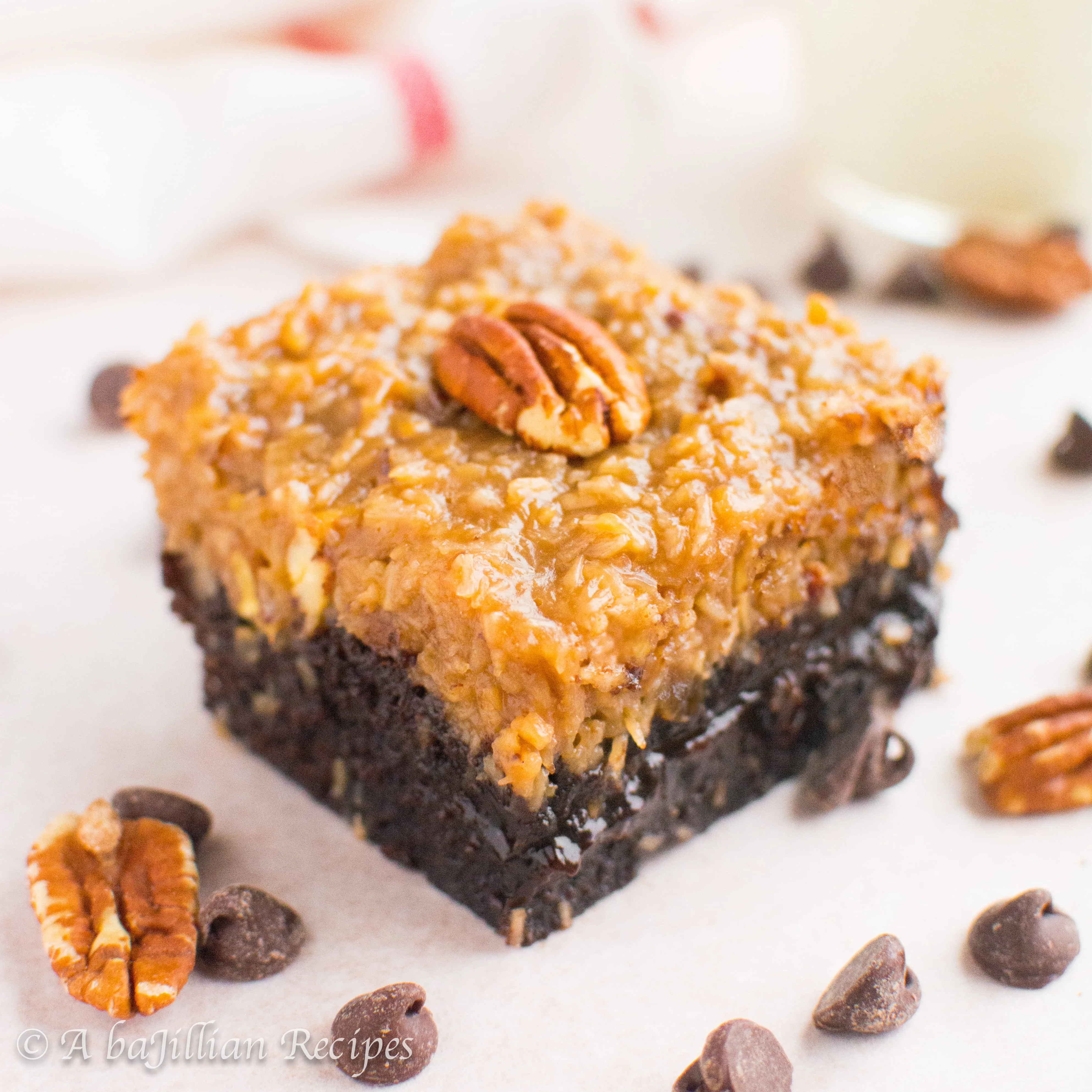 Fudgy dark chocolate brownies topped with a thick layer of everyone's favorite coconut-pecan frosting!