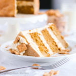 Moist layers of Cinnamon Toast Crunch cake layered between a fluffy cheesecake mousse, frosted in rich cereal milk-infused frosting and caked in cinnamon sugar!