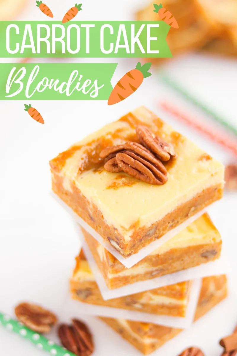 Deliciously dense and chewy carrot cake blondies with a rich and tangy cheesecake swirl!