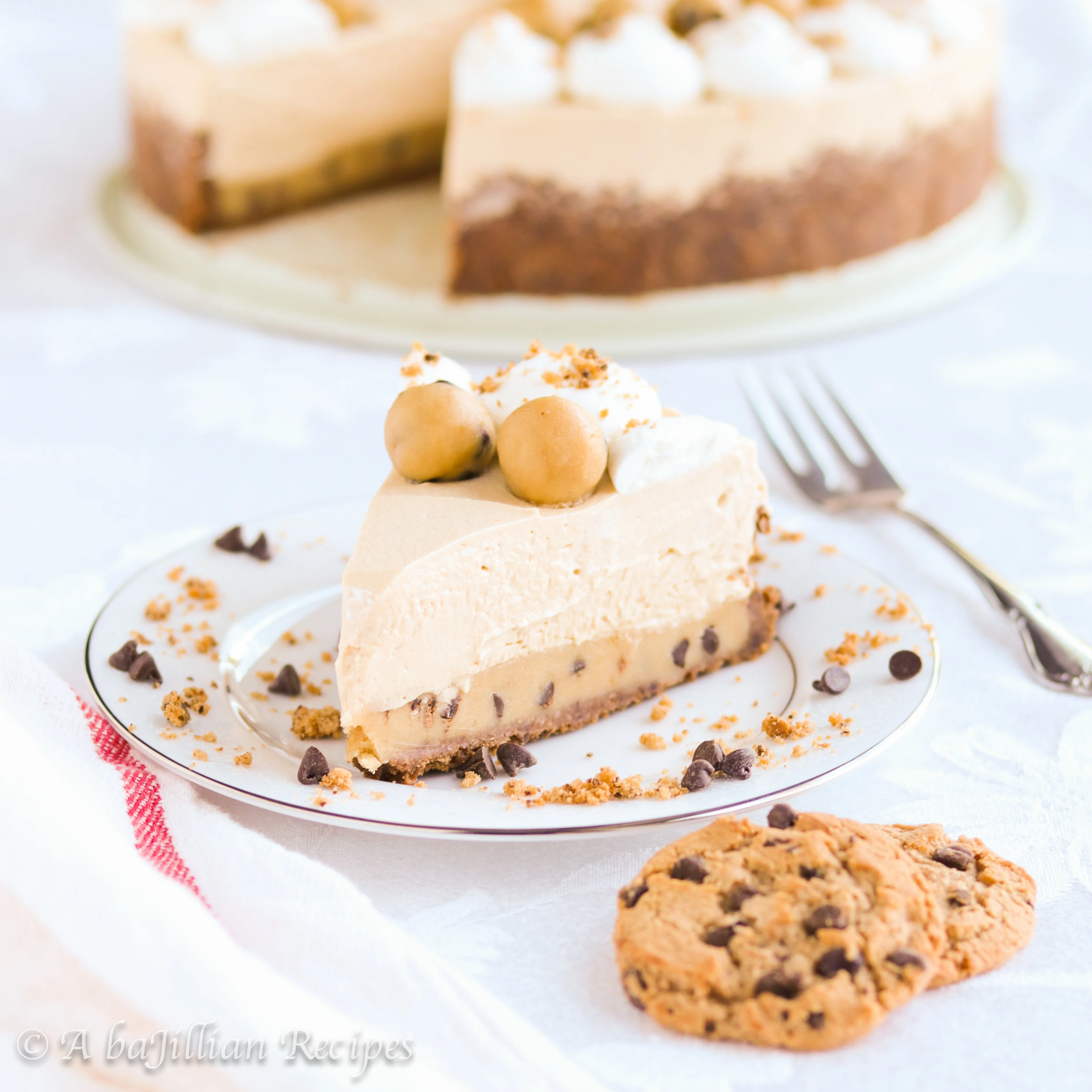 Layers of chocolate chip cookie dough and cookie butter cream filling in a chocolate chip cookie crust!