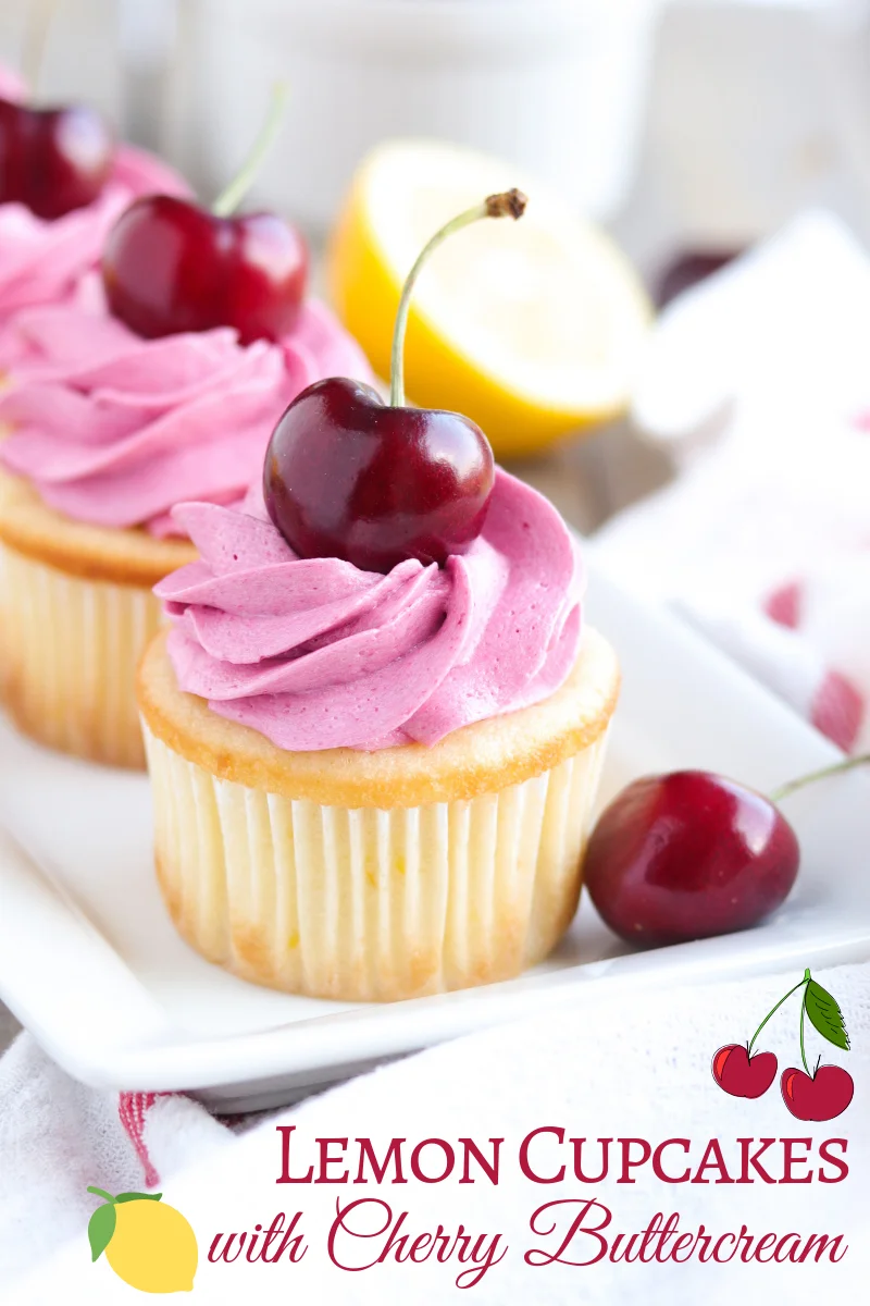 Fluffy lemon cupcakes topped with a sweet swirl of fresh cherry buttercream!