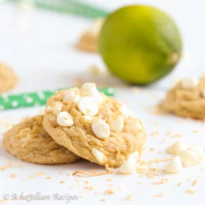 Soft and chewy cookies flavored with the sweetness of coconut and the tang of lime, loaded with white chocolate chips and toasted coconut!