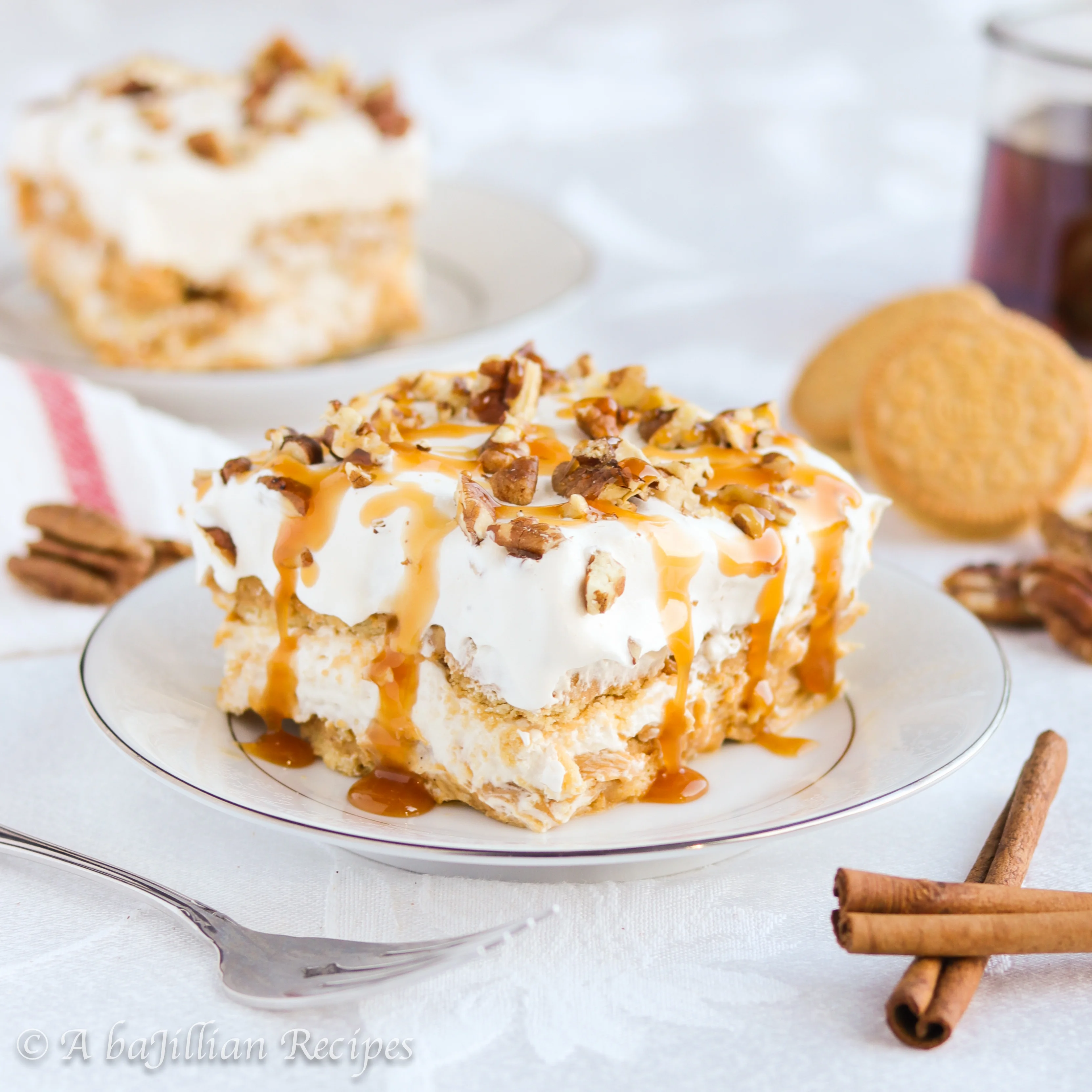 A simple, no-bake dessert with layers of delicious Maple Creme Oreo cookies, creamy pumpkin pudding, fluffy maple cheesecake mousse, and chopped toasted pecans!