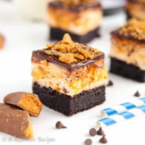 Fudgy brownies topped with a heavenly Butterfinger cream filling and rich chocolate ganache!