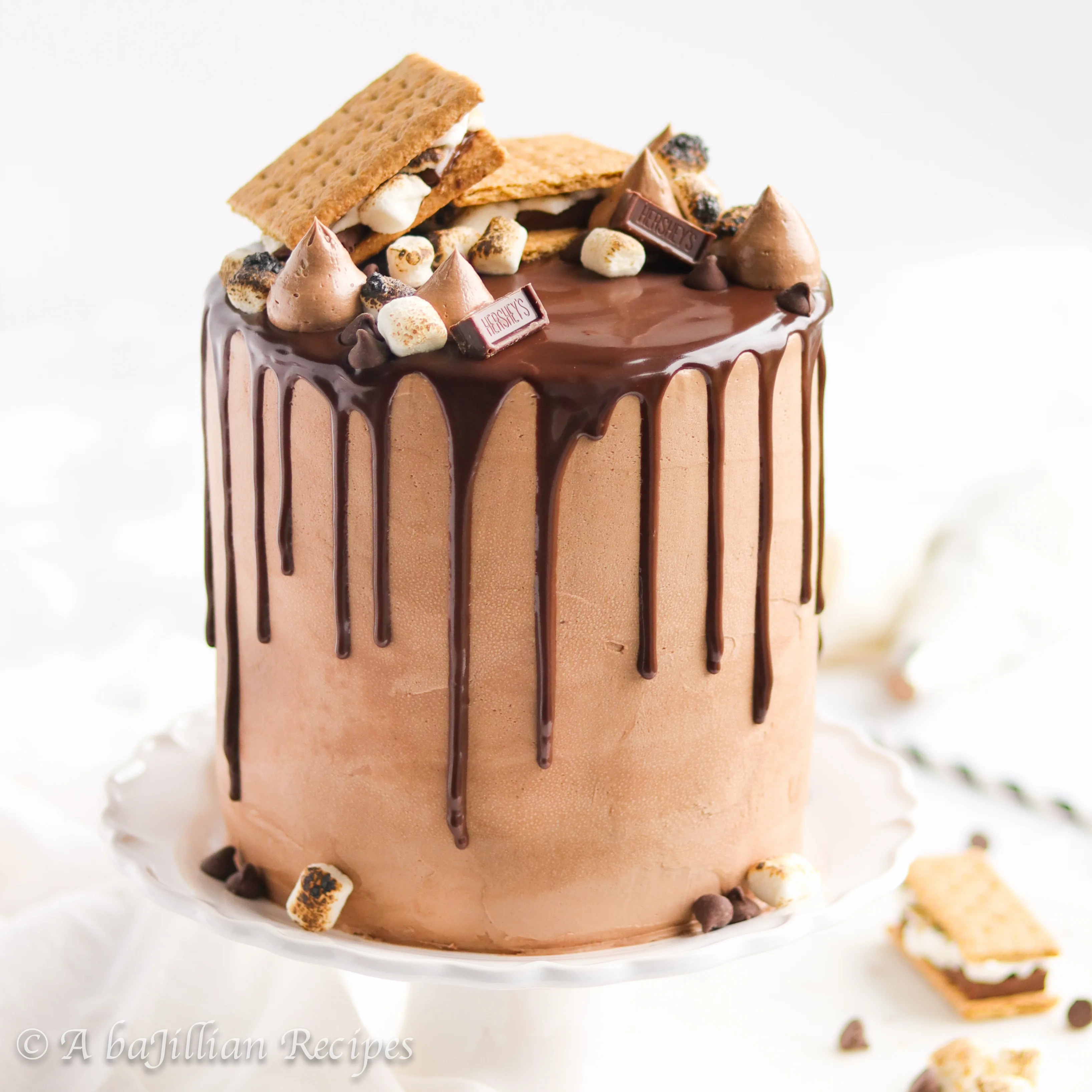 Layers of fluffy graham cracker-flavored cake and toasted marshmallow mousse frosted in a milk chocolate Swiss meringue buttercream and enrobed in a rich chocolate ganache! Oh, and don't forget about the ooey gooey s'mores!