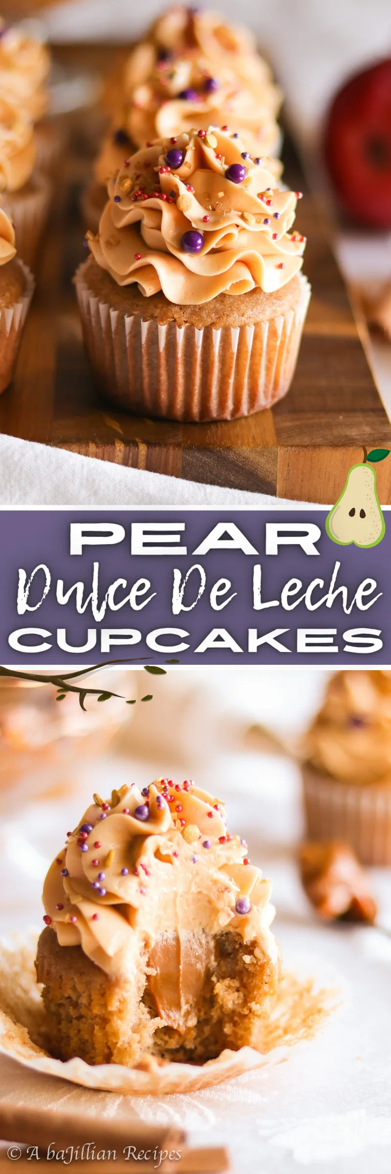 Deliciously moist and fluffy pear cupcakes filled with rich dulce de leche and topped with a silky crown of dulce de leche swiss meringue buttercream!