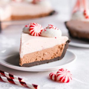 Layers of peppermint white chocolate cream filling and rich dark chocolate cream filling in a delicious Oreo cookie crust!