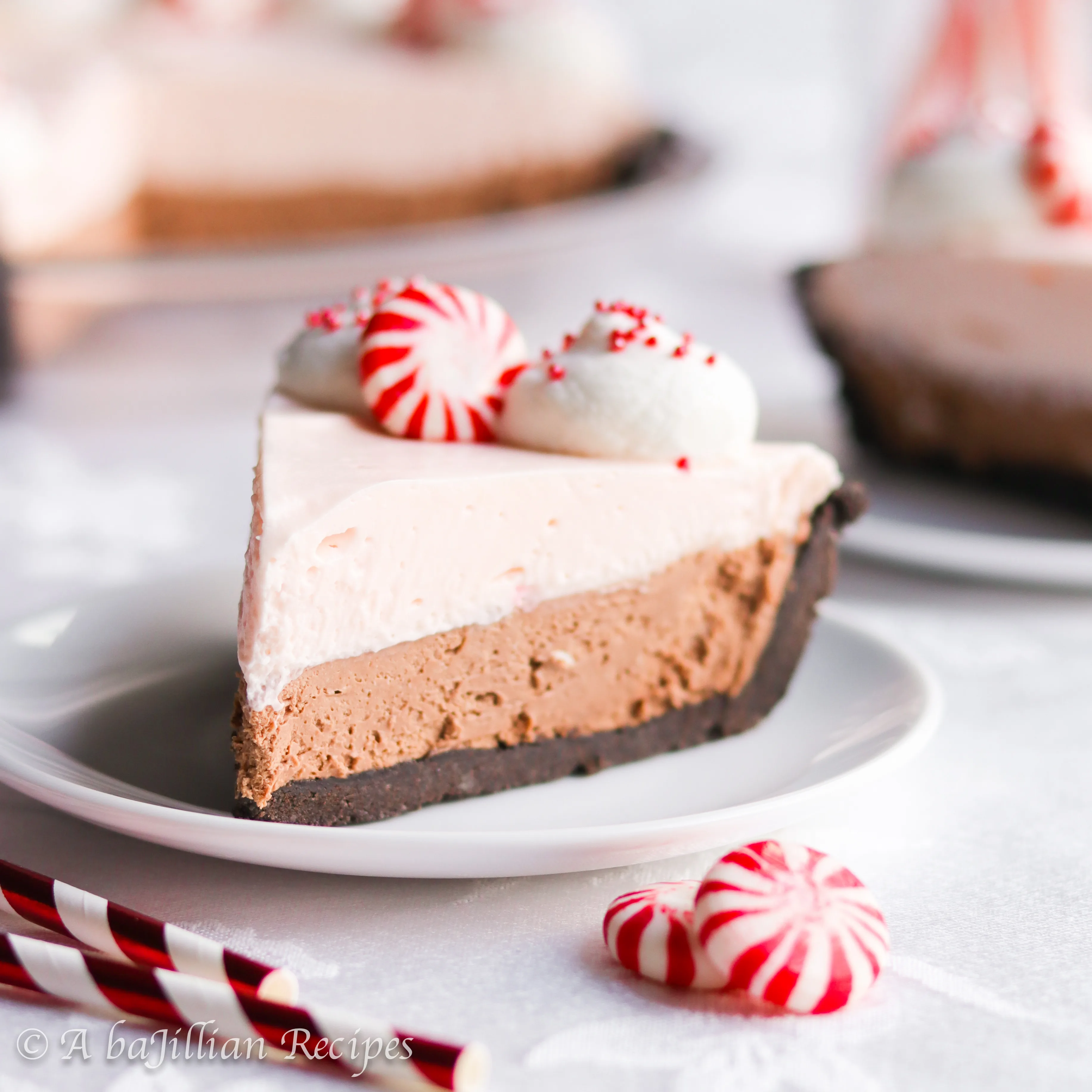 Layers of peppermint white chocolate cream filling and rich dark chocolate cream filling in a delicious Oreo cookie crust!