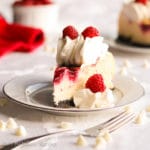 White chocolate cheesecake swirled with homemade raspberry sauce and baked in a buttery sweet Oreo cookie crust!