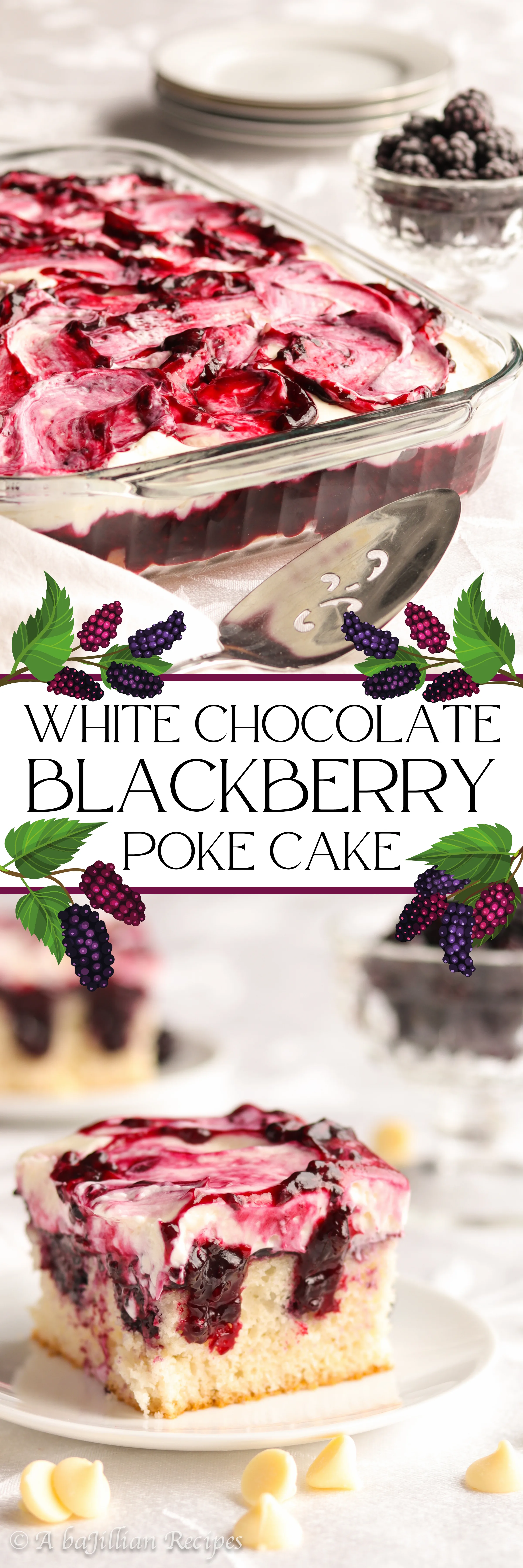Delicate white cake, homemade blackberry topping, and lusciously creamy white chocolate topping--this White Chocolate Blackberry Poke Cake will have you licking every last crumb off your plate!