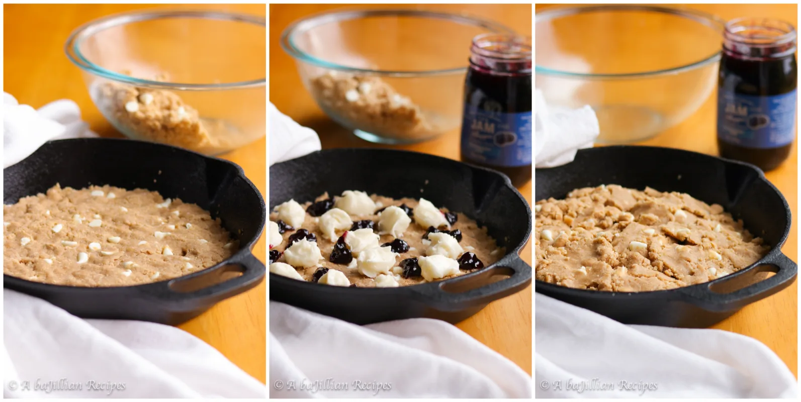 A warm, soft, and deliciously doughy graham-flavored cookie brimming with melty white chocolate chips, pockets of blueberry jam and cream cheese filling!