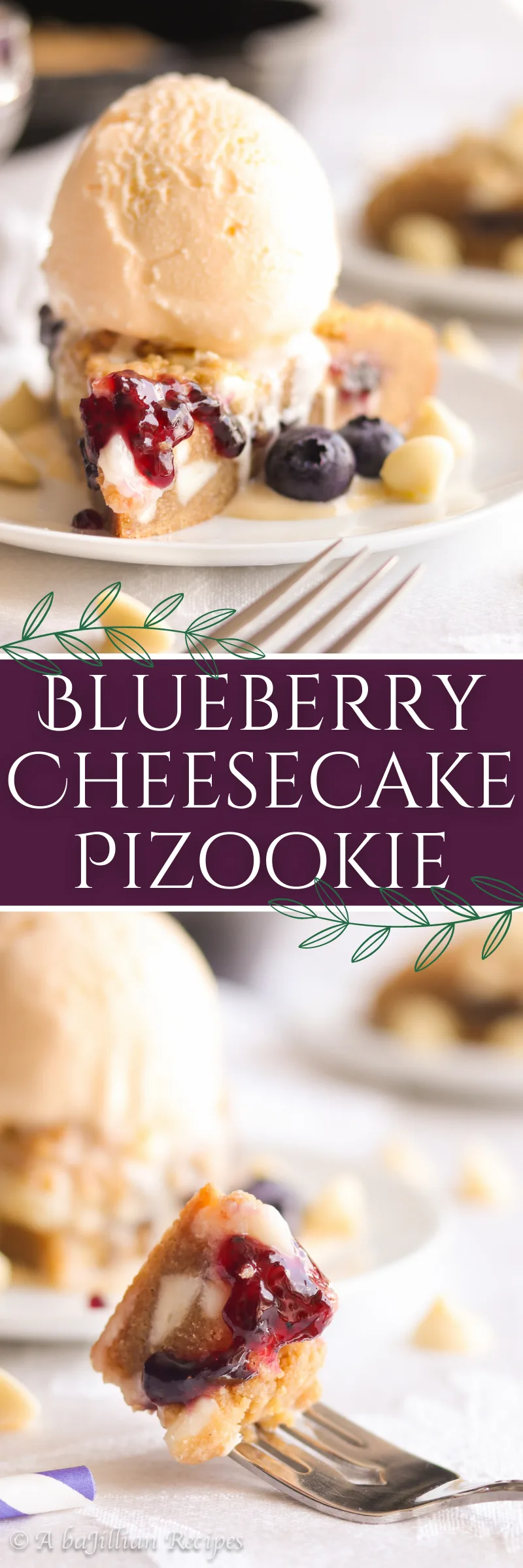 A warm, soft, and deliciously doughy graham-flavored cookie brimming with melty white chocolate chips, pockets of blueberry jam and cream cheese filling!