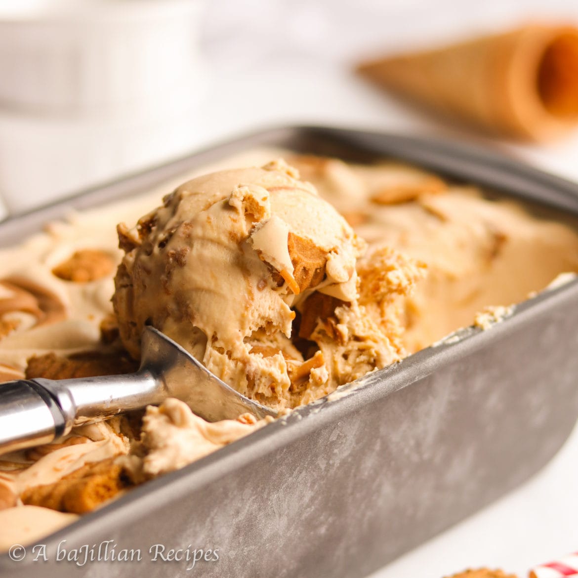 Unbelievably creamy no-churn cookie butter ice cream brimming with buttery Biscoff cookies and thick swirls of cookie butter! Just 4 ingredients needed!