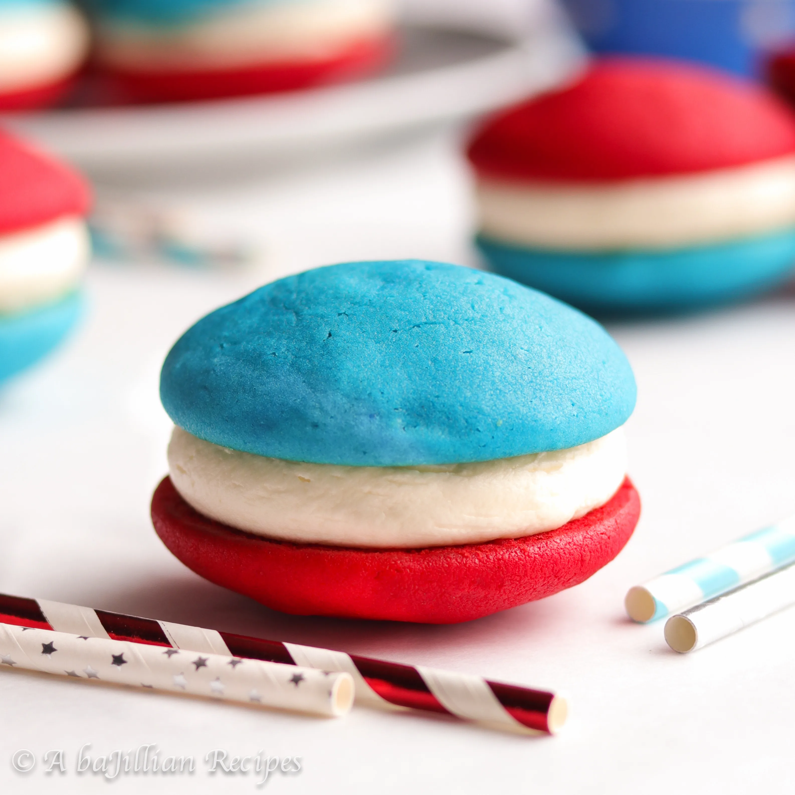 Creamy vanilla buttercream sandwiched between two soft cake-like cookies! The perfect treat to celebrate Independence Day!