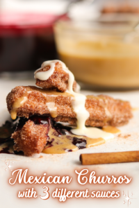 These Mexican Churros are perfectly crisp on the outside, buttery soft on the inside, and dredged in a shimmery coating of cinnamon sugar! And with THREE different sauces to dip them into, you’ve got the most heavenly combination of flavors!