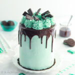 Irresistibly moist layers of chocolate cake filled with fluffy mint Oreo mousse, frosted in mint buttercream, and enrobed in dark chocolate ganache!