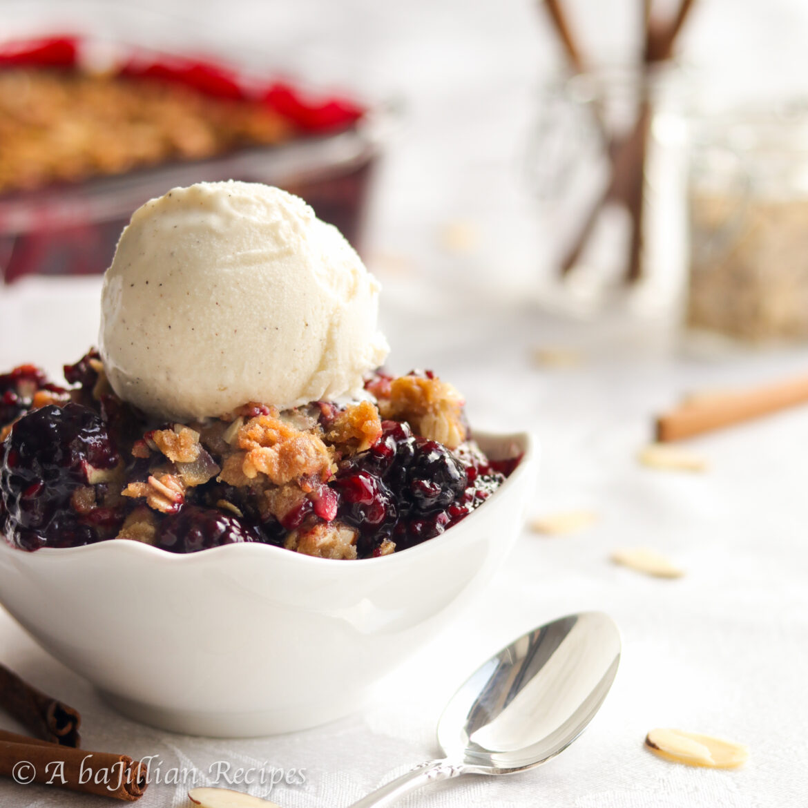 Juicy raspberries and luscious blackberries baked under a buttery almond oat topping! This Razzleberry Crisp is destined to dazzle your tastebuds!