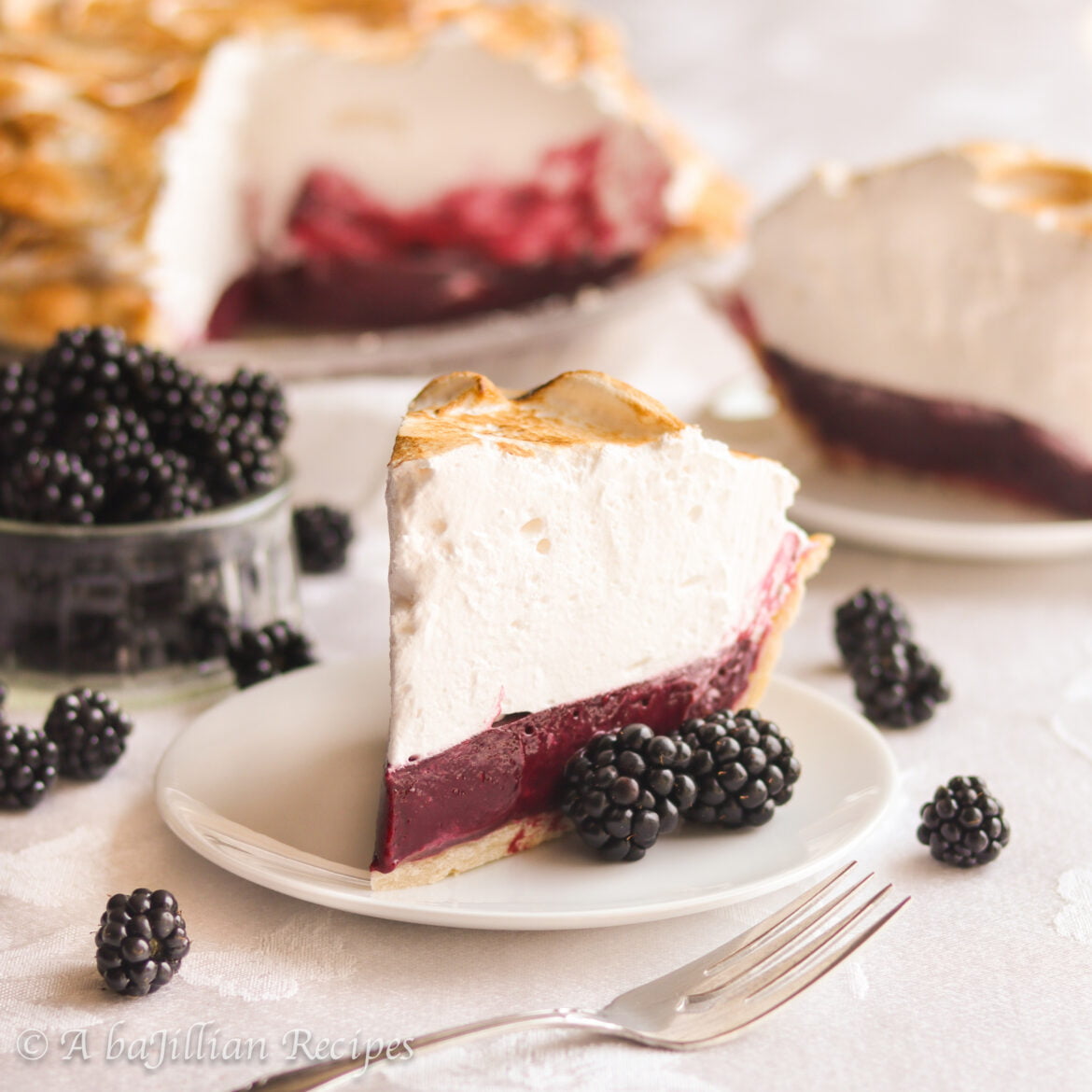 This blackberry version of an American classic consists of a flakey pie crust filled with lusciously smooth blackberry filling and a voluminous cloud of Swiss meringue!