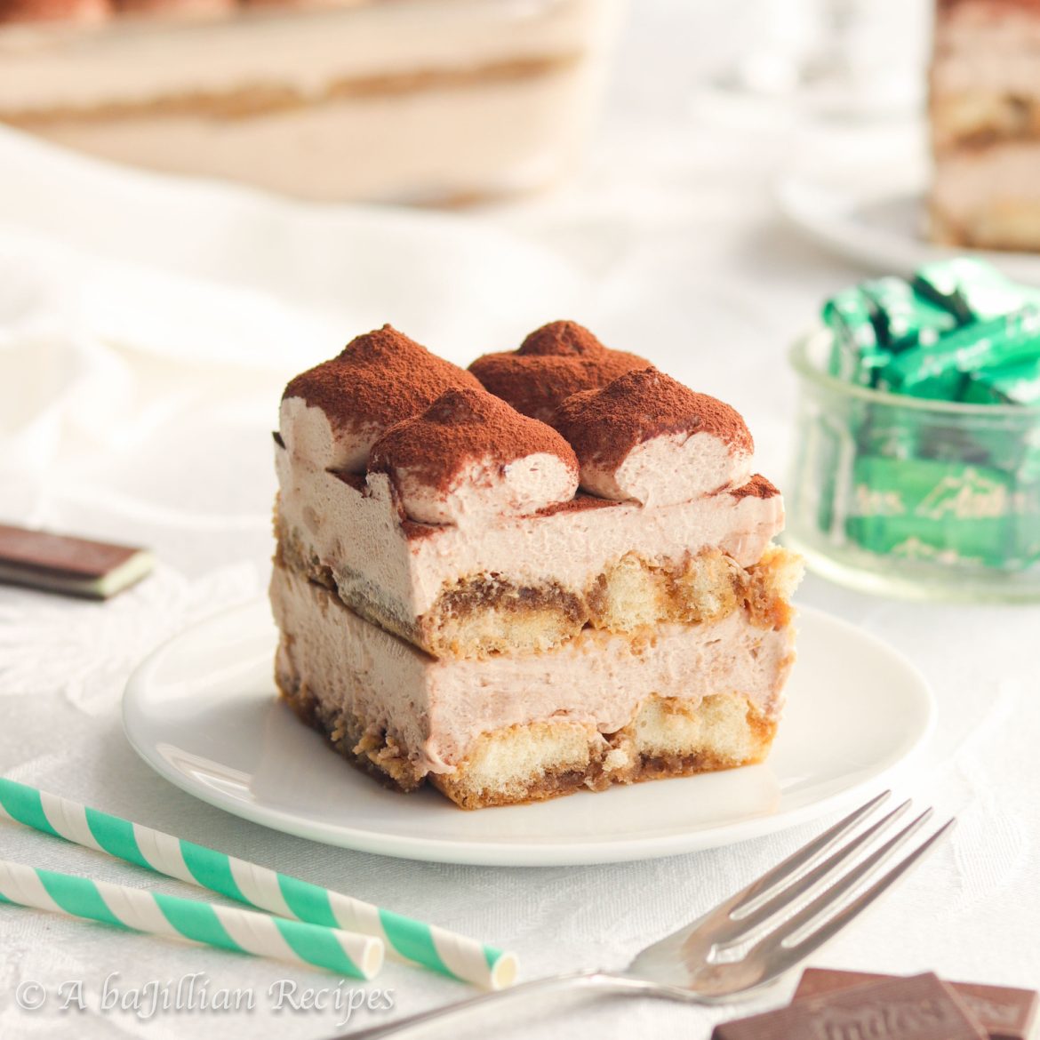 Exquisitely light and heavenly, this Mint Chocolate Tiramisu consists of espresso-soaked ladyfingers and lusciously creamy mint chocolate mascarpone filling!