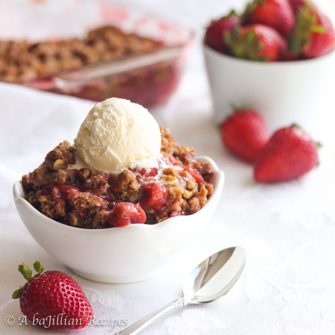 Sweet strawberries and tart rhubarb baked underneath a generous layer of buttery, crumbly, brown sugary, Biscoff topping!