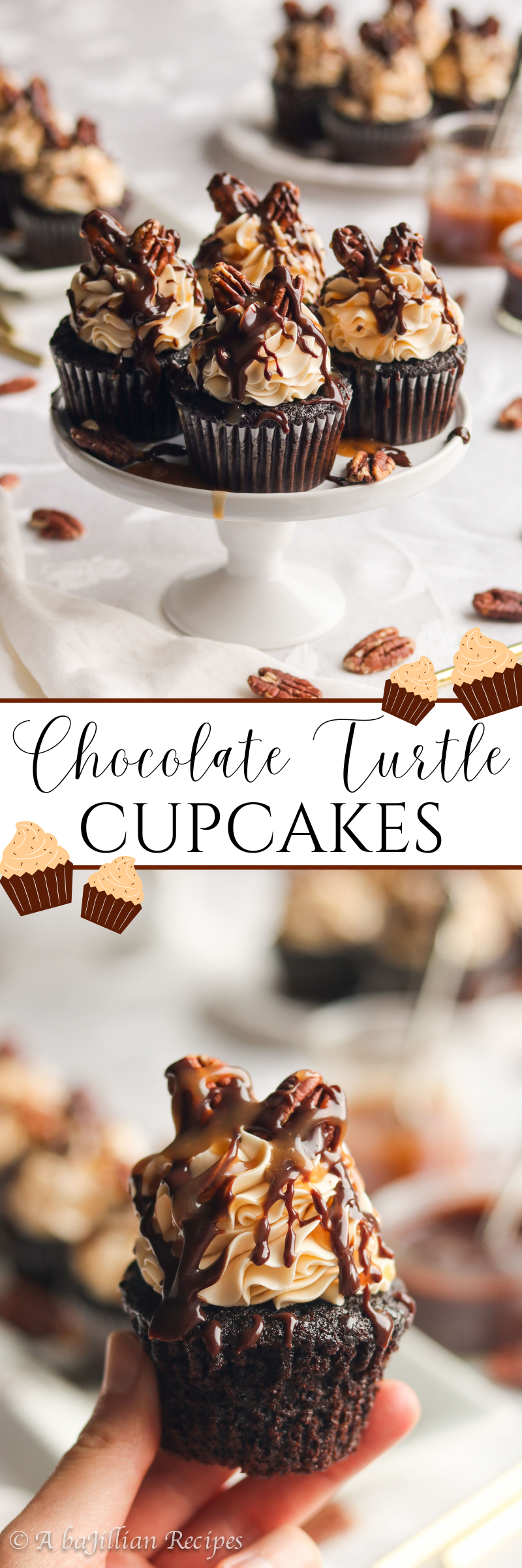 Moist chocolate cupcakes crowned with a silky smooth caramel Swiss meringue buttercream, topped with toasted pecans, and drizzled in both chocolate ganache and rich caramel!