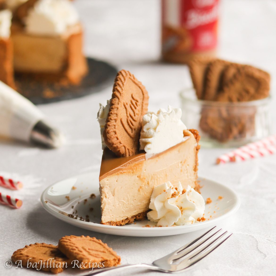 Exquisitely creamy no-bake cheesecake infused with the caramelized sweetness of Biscoff cookie butter, nestled in a Biscoff cookie crust, and topped with even more creamy Biscoff cookie butter!