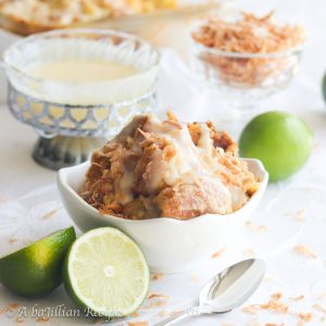 Soft and flaky croissants baked in a sweet and tangy coconut lime custard, generously drizzled in luscious coconut lime sauce, and topped with toasted coconut!
